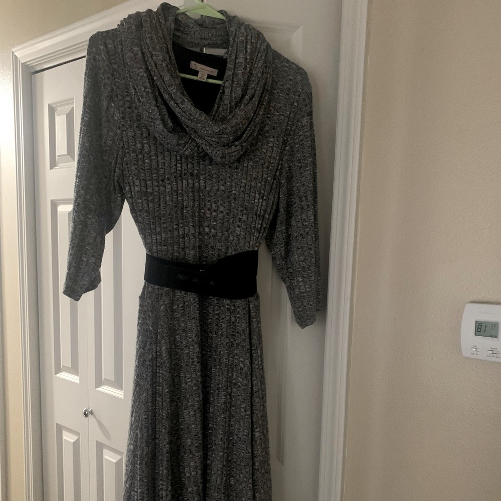 Grey dress with attached scarf and belt. Worn maybe twice.